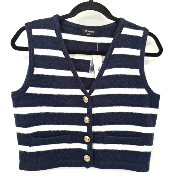 Stripe Fitted Crop Nautical Academia Soft Sweater Vest Medium Work Shop New - Picture 3 of 8